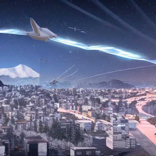 Image similar to A coastal city near some snow-capped mountains, sci-fi, 8k photorealistic, flying traffic in the sky