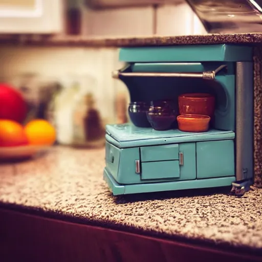 Image similar to “macro photography focused on a miniature figure on a countertop. The background is the rest of the kitchen. The mid ground is a dramatic highway bridge that connects the vintage fridge to the counter. Award winning photo.”