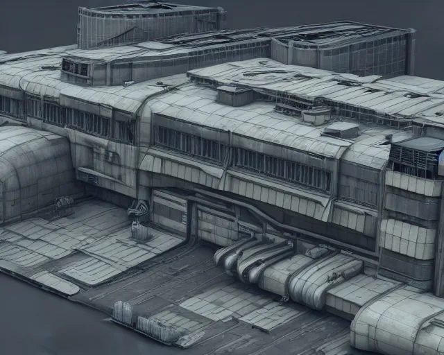 Prompt: 3 d sculpt of a thick cylindrical industrial multi story sprawling with walkways military scifi giant warehouse facade gun metal airport inspired by the matrix, star wars, ilm, beeple, star citizen halo, mass effect, starship troopers, elysium, the expanse, high tech industrial, artstation unreal