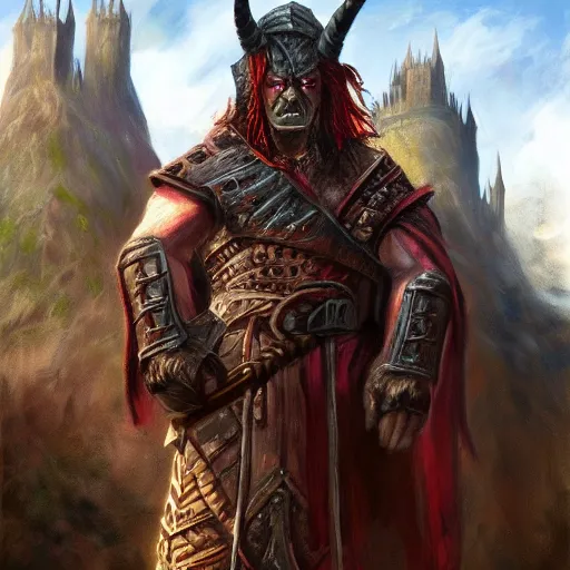 Prompt: orc wizard, oil painting, dramatic, robed warrior, orc with horns, castle in background, stone brick background, ultra realistic, artstation award, fantasy, concept art, portrait pose, full body, armored