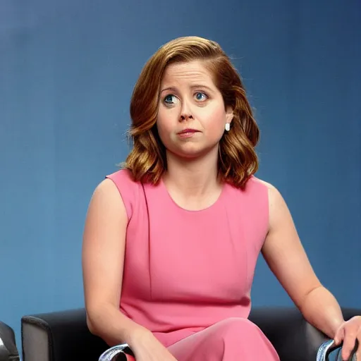 Prompt: jenna fischer stares at her feet, which have started floating away