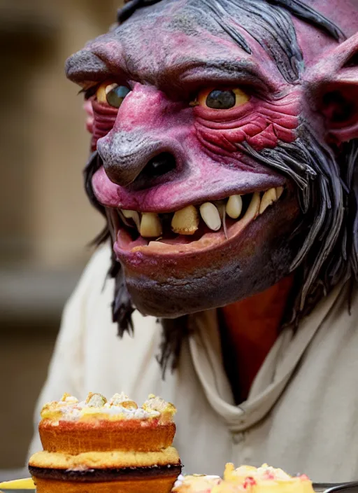 Image similar to closeup profile face portrait of a medieval goblin eating cakes in the cloisters, depth of field, zeiss lens, detailed, symmetrical, centered, fashion photoshoot, by annie leibovitz and steve mccurry, david lazar, jimmy nelsson, breathtaking, 8 k resolution, extremely detailed, beautiful, establishing shot, artistic, hyperrealistic, beautiful face, octane render