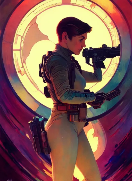 Prompt: side profile centered portrait, man with a gun, a spaceship in the background, by artgerm, cushart krenz, greg rutkowski, storyboard,, frames, west world show, mucha. art nouveau. gloomhaven, swirly vibrant ripples, gaudy colors, sharp edges. poster, 8 k. elegant, intricate, octane render