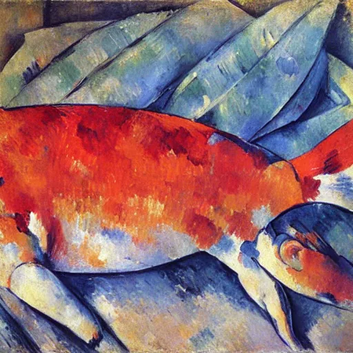 Prompt: dog with red fishes, by cezanne, oil on canvas