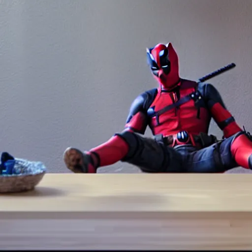 Image similar to a still of deadpool relaxing at home feet up on table