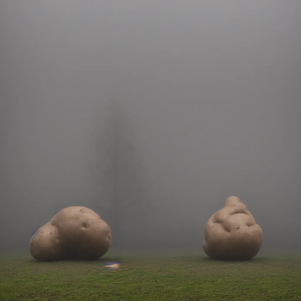 Image similar to soviet brutalism style, big sculpture of one potato in foggy field, very detailed, 4 k, professional photography