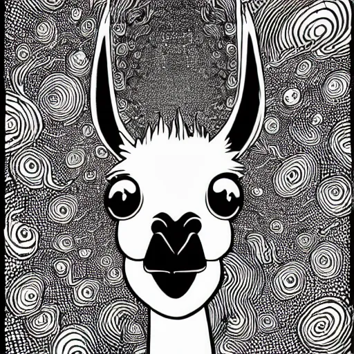 Prompt: black and white trippy comic art of a llama, lots of particles, drawn by Martin Rowson, Tim Burton, Studio Ghibli, Alex Pardee, Nekro Petros Afshar, James McDermott, cgsociety, sharp edges, high constrast, 4K