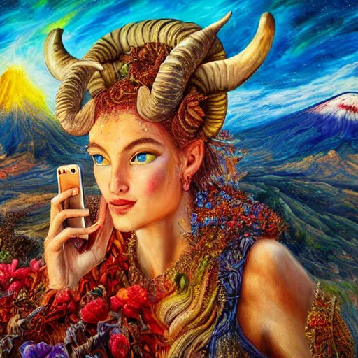 Prompt: painting by senior concept artist josephine wall, horned ram goddess checking her cell phone, erupting volcano in distance, sunset, flowers in foreground, zodiac, fantasy, acrylic on canvas, intricately detailed, highly detailed, high resolution, hdr, 8 k, trending on artstation