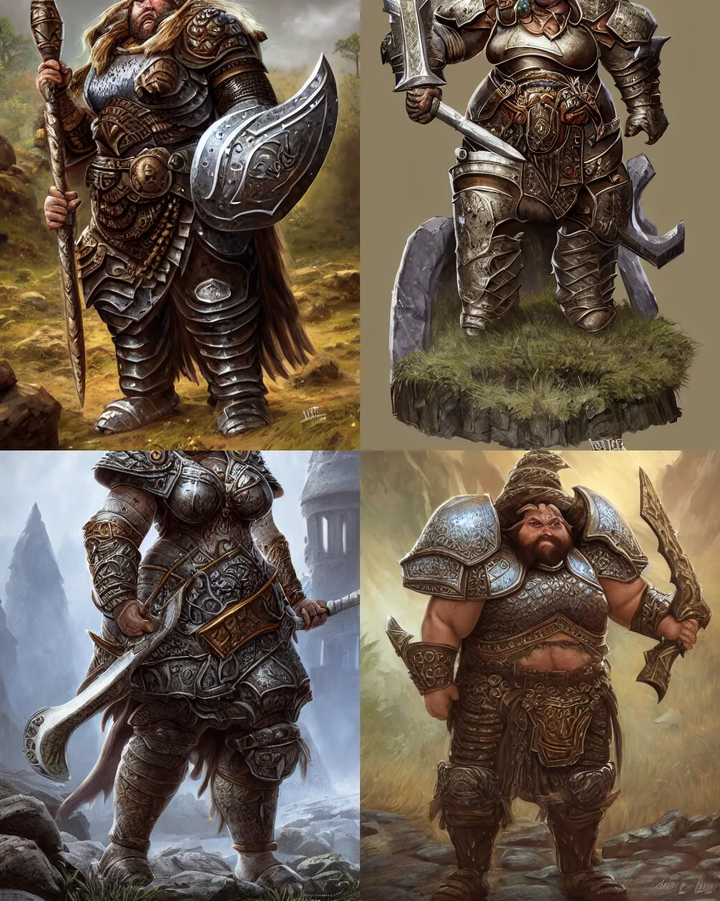 Prompt: a big female dwarven warrior wearing heavy dwarven plate armor, strong robust chubby stocky body, at the stone ruins, rpg artwork, hyperdetailed, hyperrealistic, soft light, imposing presence, jeff easley and scott m fischer, artstation, intricate metal, smooth, sharp focus