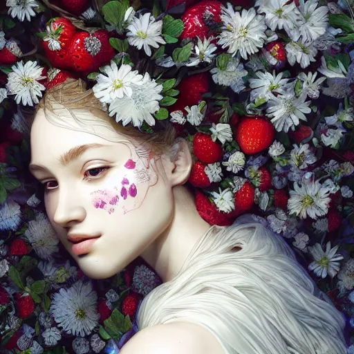 Image similar to the portrait of an absurdly beautiful, graceful, elegant, sophisticated, fashionable young woman made of strawberries and white petals looking down, an ultrafine hyperdetailed illustration by kim jung gi, irakli nadar, intricate linework, bright colors, octopath traveler, final fantasy, unreal engine 5 highly rendered, global illumination, radiant light, detailed and intricate environment