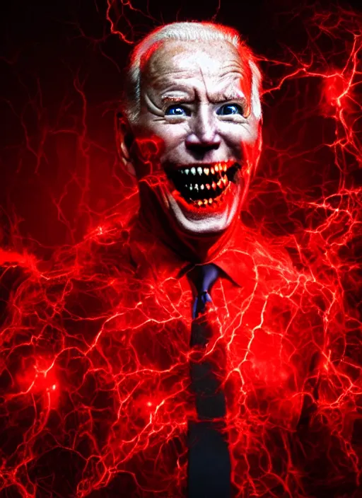 Image similar to hyper realistic ultra realistic horror terror dimensional photo furious glowing red eyes biden, high quality photo, detailed , 8k