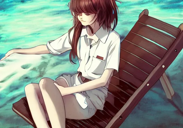 Prompt: A girl with short brown hair, wearing a white blouse, laying on a beach chair, drawn by WLOP, by Avetetsuya Studios, attractive character, colored sketch anime manga panel, trending on Artstation