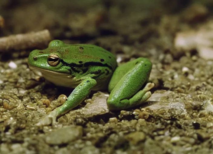 Image similar to movie still of a wes anderson movie about frogs