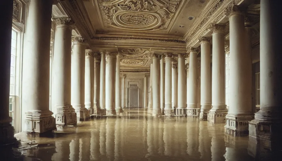 Prompt: a huge neoclassical building interior with very high walls and infinite stairs flooded with mud, cinestill 8 0 0 t 3 5 mm, heavy grain, high quality, high detailed