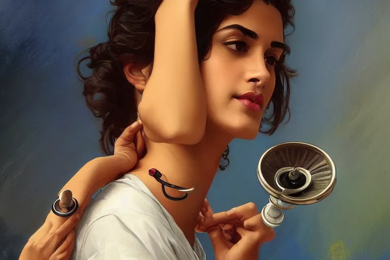 Image similar to sensual pale beautiful indian doctor in jeans with stethoscope, art deco portrait, elegant, intricate, digital painting, artstation, concept art, smooth, sharp focus, illustration, art by artgerm and greg rutkowski and alphonse mucha