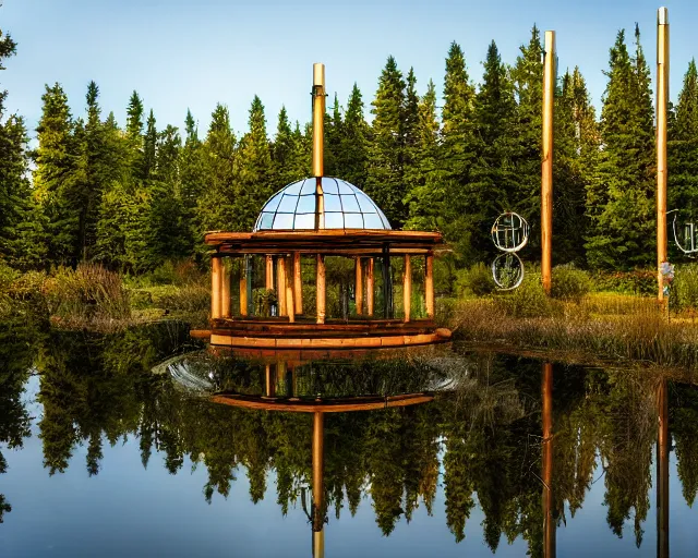 Prompt: pagan glass dome structure with occult windchimes surrounded with alien forest trees and a pond with reflection