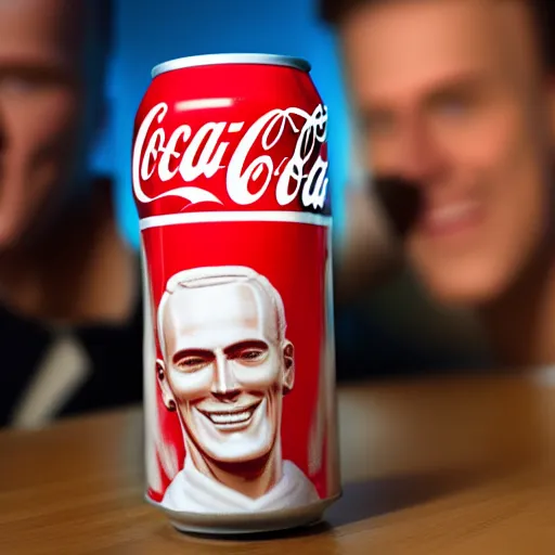 Image similar to coca cola man drinking a can of soda with max headroom's face on it, realistic, hyperrealistic, ultra realistic, real, real world, highly detailed, very detailed, extremely detailed, intricate details, 8 k resolution, hd quality