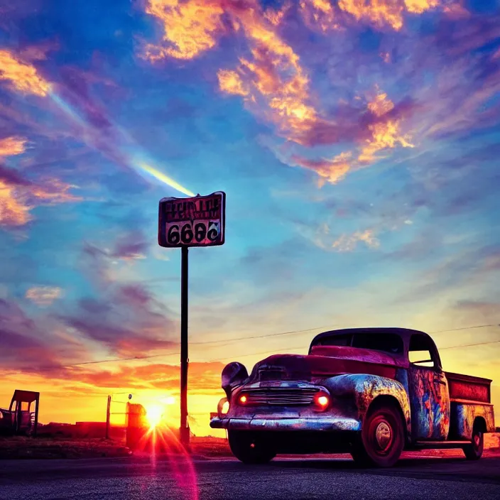 Image similar to a sunset light landscape with historical route 6 6, lots of sparkling details and sun ray ’ s, blinding backlight, smoke, volumetric lighting, colorful, octane, 3 5 mm, abandoned gas station, old rusty pickup - truck, beautiful epic colored reflections, very colorful heavenly, softlight