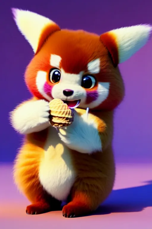 Image similar to high quality 3 d render hyperrealist very cute pastel fluffy! red panda & kaola hybrid eating giant ice cream full body, vray smooth, in the style of detective pikachu, hannah yata charlie immer, very dramatic violet light, low angle, uhd 8 k, shallow depth or field