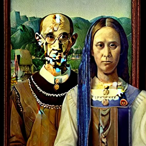 Image similar to a painting of american gothic by leonardo da vinci, oil painting