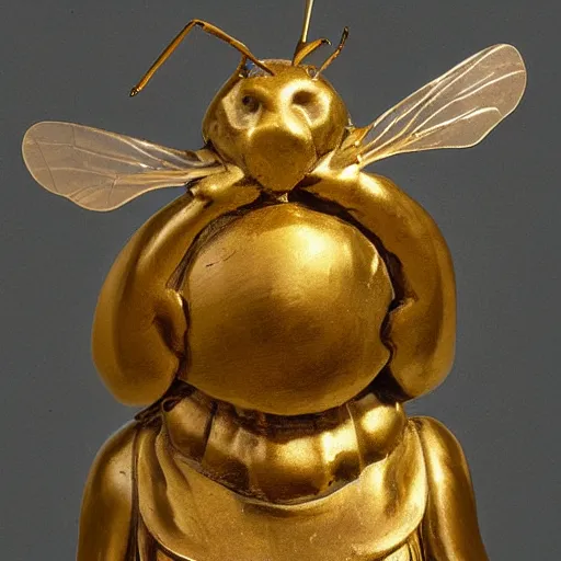 Prompt: a brass statue of honey bee in style of szukalski. Highly detaild, museum photograph