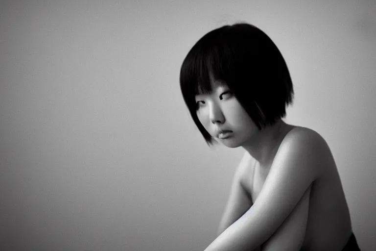 Image similar to beautiful gorgeous curvy Japanese edgy model girl with short hair, she's sad, sunset, 80mm lens, 1.2 aperture, grainy image, close up