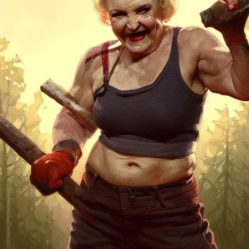 Image similar to a buff and sweaty betty white as a beardless lumberjack chopping wood, intricate, headshot, highly detailed, digital painting, artstation, concept art, sharp focus, cinematic lighting, illustration, art by artgerm and greg rutkowski, alphonse mucha, cgsociety