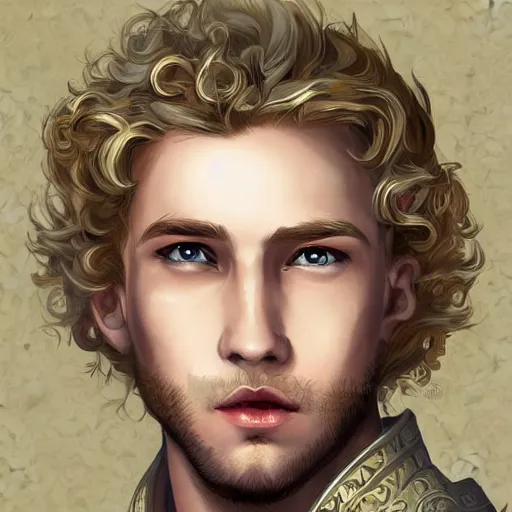 Image similar to portrait, 27 years old man, blue eyes, blond curls, charming, handsome :: rich expensive medieval clothes :: high detail, digital art, fantasy, RPG, concept art, illustration