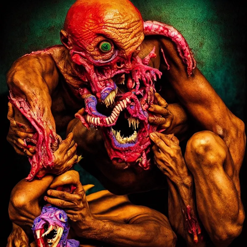 Image similar to a very colorful and beautiful ( flesh - eating ) tsikalawa, eating the leg of a terrified man, by alexandro judorowski and david cronenberg, fear, morbid, nightmare, supernatural, 8 k, digital art, highly detailed, chiaroscuro, creepy, terrifying