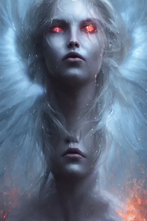 Image similar to a beautiful portrait of celestial Demon women covered in white flames with an intense look on her face by Greg Rutkowski, Sung Choi, Mitchell Mohrhauser, Maciej Kuciara, Johnson Ting, Maxim Verehin, Peter Konig, Bloodborne , 8k photorealistic, cinematic lighting, HD, high details, atmospheric , trending on artstation