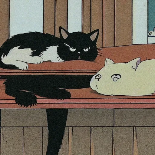 Prompt: a cat sleeping on a table, studio ghibli