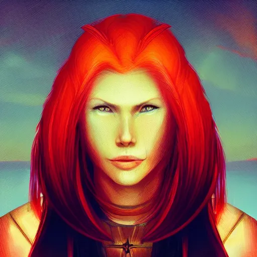 Prompt: Beautiful red haired warrior priestess, sunset, backlit, digital art, trending on ArtStation