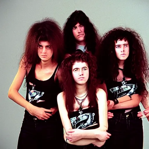 Image similar to Group of 19-year-old women holding electric guitars, long shaggy hair, permed hair, thrash metal, heavy metal, band promo photo, 1987 photograph