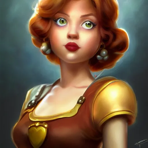 Image similar to beautiful close up, princess daisy from super mario as realistic brunette human character art portrait, matte fantasy painting, deviantart artstation, by jason felix by steve argyle by tyler jacobson by peter mohrbacher, cinema c 9. 0