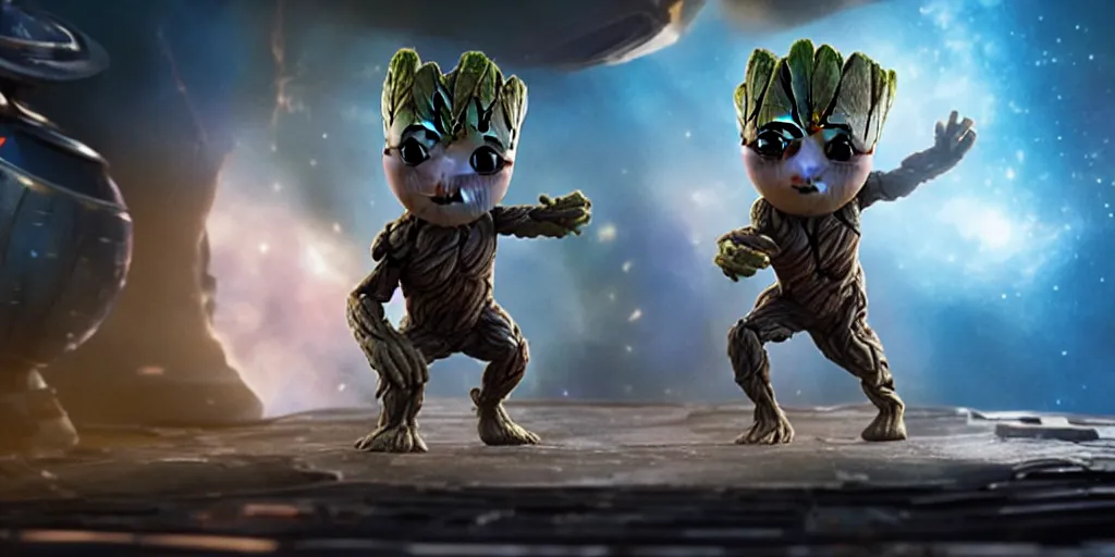 Image similar to a 3 d rendered movie still of baby groot. baby groot wears a spacesuit, and explores cosmos in a super awesome space ship. science fiction blockbuster movie baby groot rules the world or i was a teenage groot, dramatic lighting, imax 7 0 mm. buzz lightyear