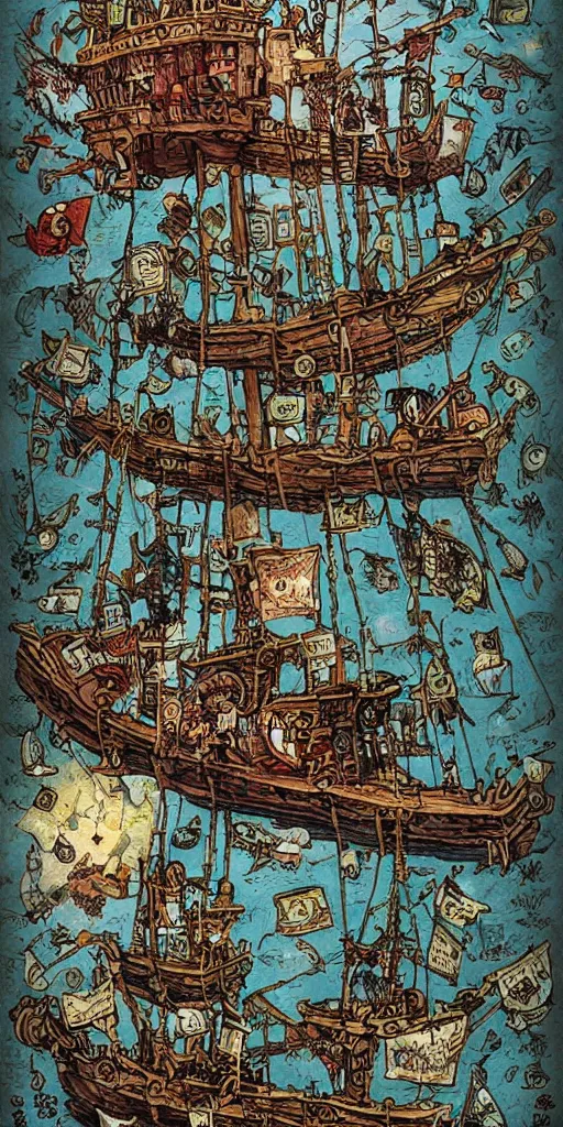 Image similar to a pirate ship scene by alexander jansson and where's waldo