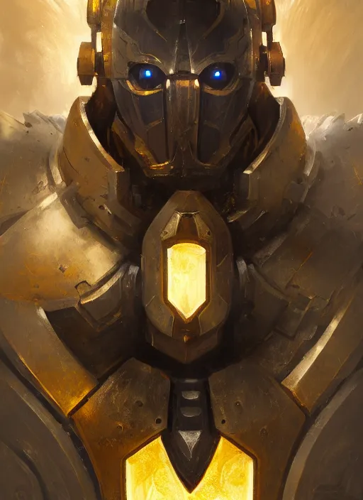 Image similar to dynamic abstract portrait of a intricate glorious holy mechanical warforged character in yellow armor holding a paladin engraved great longsword drawn and carrying a big paladin shield, spotlight from face , epic , trending on ArtStation, masterpiece, cinematic lighting, by Greg Rutkowski and by Ross Tran