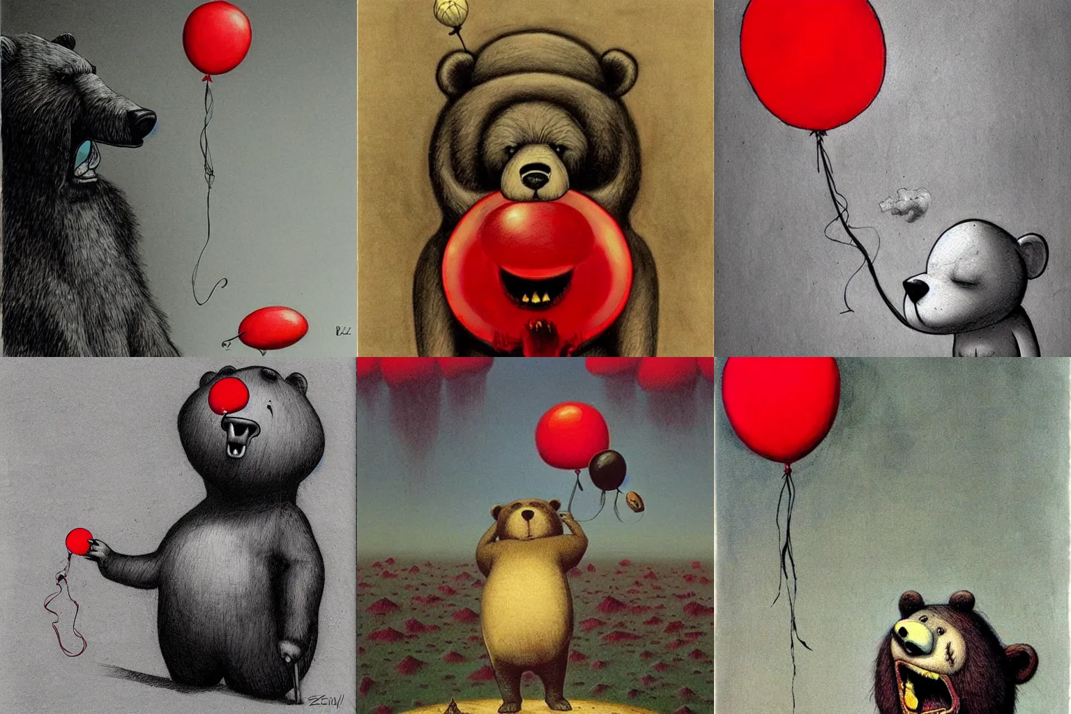 Prompt: surrealism grunge cartoon sketch of a bear with a wide smile and a red balloon by - zdzisław Beksiński, loony toons style, horror theme, detailed, elegant, intricate