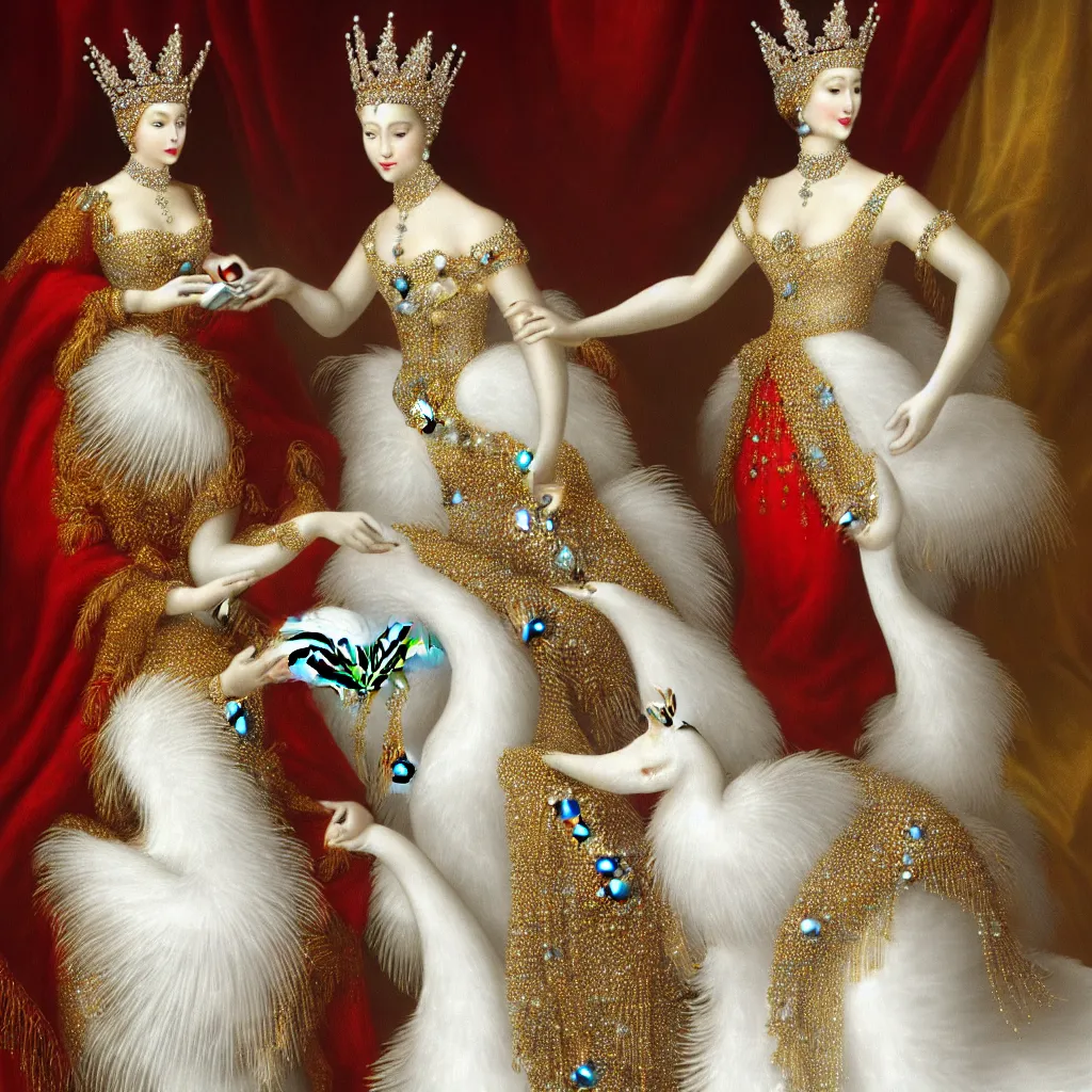 Prompt: queen _ with _ a _ decorated _ dress _ made _ of _ white _ pearls _ and _ white _ plumes _ of _ swan _ highly _ detailed _ digital _ painting