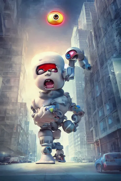 Image similar to evil giant baby with a robo arm and a robo eye in a diaper is taller than office buildings, goes destroying buildings under his feet, art, illustration, 3 d, render