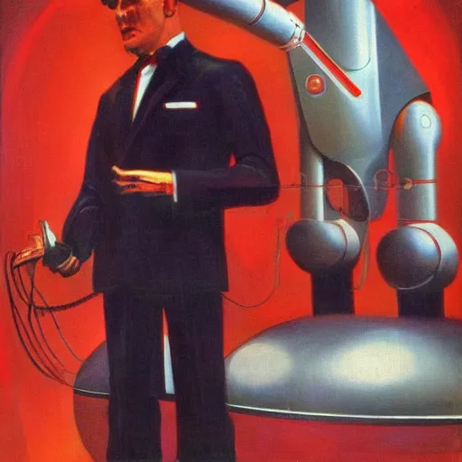 Image similar to man in futurist 6 0 ´ s lab, machines and futurist robots, red lights, boris vallejo style, black suit