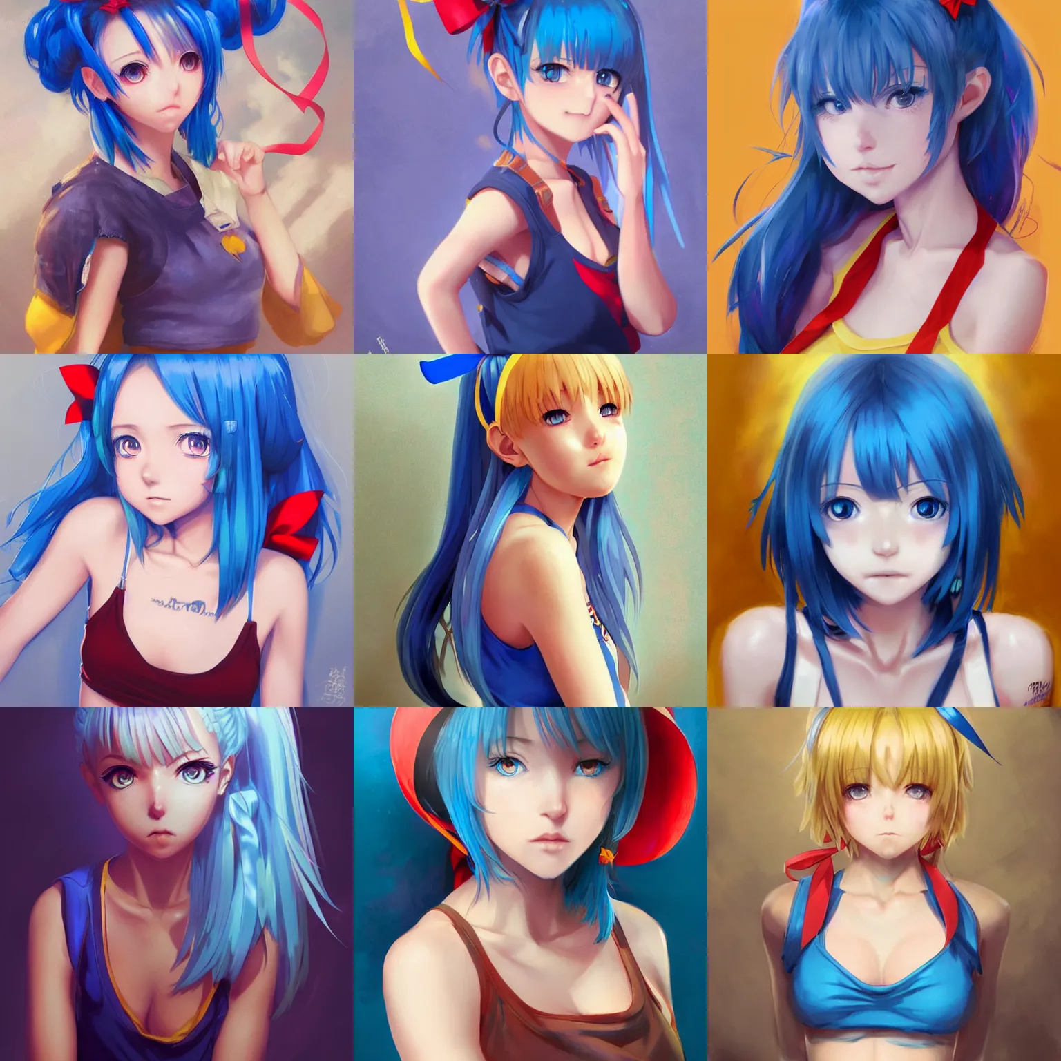 Prompt: portrait of cute anime girl with blue hair, wearing a large red ribbon, big blue eyes, wearing a yellow tank top, symmetry, highly detailed, trending on art station, art by artgerm, ross tran, greg rutkowski.