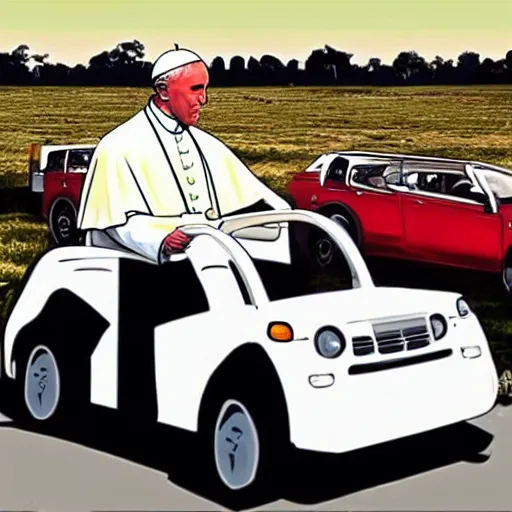 Image similar to the pope driving in the style of grand theft auto loading screens illustrations