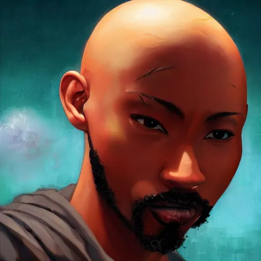 Image similar to bald afro - cyberpunk man with a goatee, manifesting dreams with ancestral magic in a modern world | hyperrealistic oil painting | by makoto shinkai, ilya kuvshinov, lois van baarle, rossdraws, basquiat | afrofuturism, in the style of surrealism, trending on artstation | dark color scheme