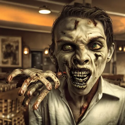 Prompt: waiter angry zombie, detailled realistic portrait with detailed body, restaurant interior, feeling of grimdark horror, daytime, high contrast, ultra intricate detailed, octane render, unreal engine, style of a dusk falls