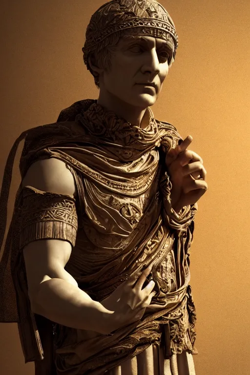 Prompt: a photo of julius caesar wearing a toga, ancient roman setting, dynamic pose, close - up, intricate details, intricately detailed clothing, intricate textures, warm lighting, vivid colors, smoke and mist, realistic octane render, hyper realistic render, volumetric shading, depth of field, raytracing, 8 k,