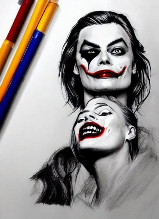 Image similar to a drawing margot robbie with joker makeup, ace card, realistic face, black and white, hyper realistic, highly detailed