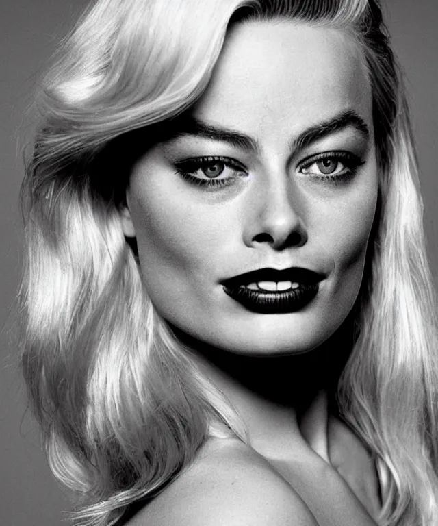 Image similar to a color photograph of margot robbie, by robert mapplethorpe, platinum blond, intense, bold, exaggerated, ultra sharp, extra details, ultra high quality, trending on pinteresst