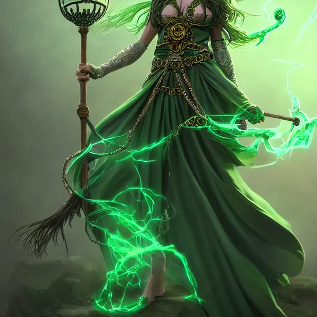 Image similar to beautiful elemental earth witch with ornate green robes and staff, highly detailed, 4 k, hdr, smooth, sharp focus, high resolution, award - winning photo, artgerm, photorealistic