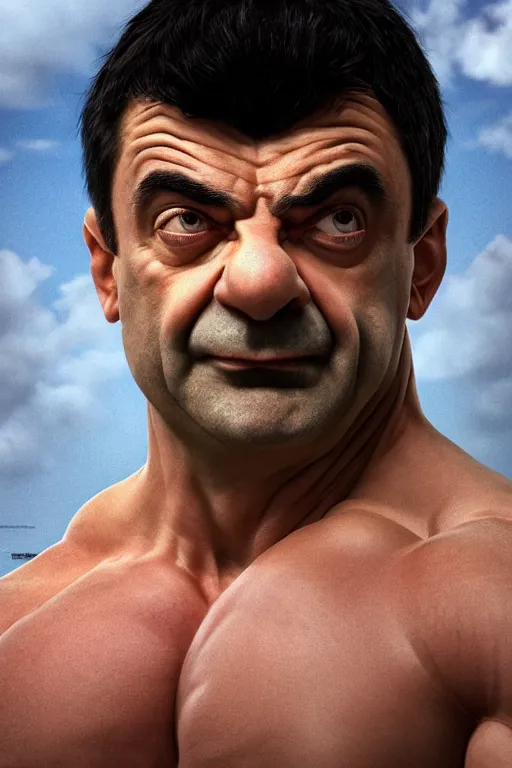 Image similar to upper body portrait of a hulking bulky swole steroids musclebound huge bodybuilder muscular herculean chiseled mr bean rowan atkinson, cinematic lighting, photorealistic, octane render, 8 k, depth of field, 3 d, art by artgerm and greg rutkowski and alphonse mucha and uang guangjian and gil elvgren and sachin ten